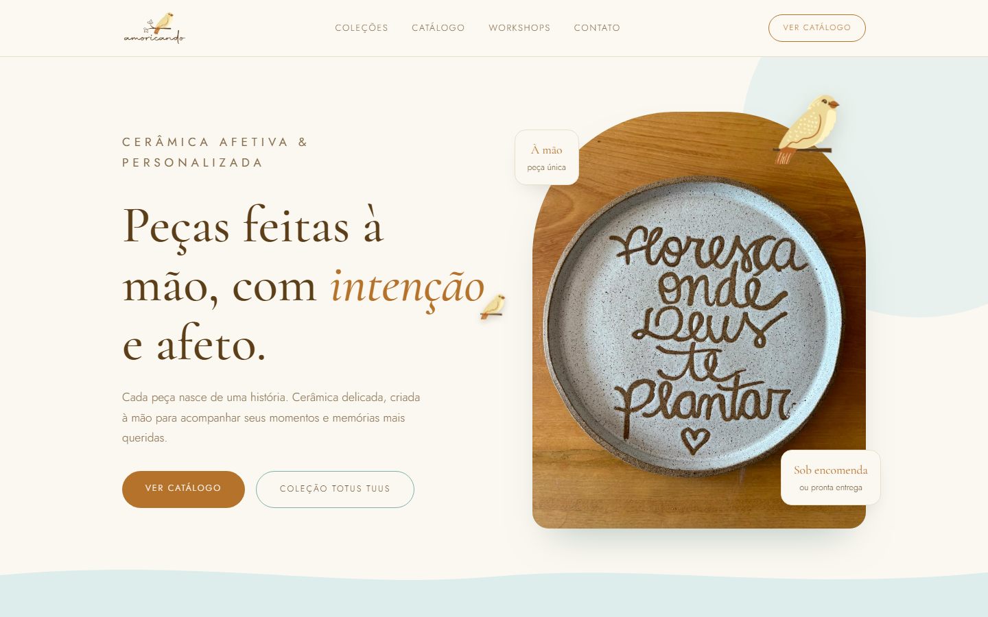 Página inicial do site Amoricando, cerâmica afetiva e personalizada