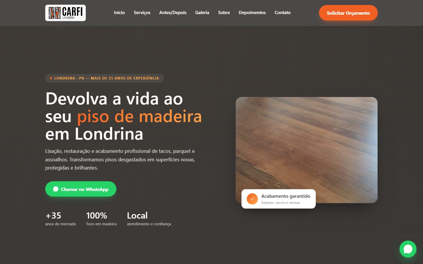 Página inicial do site Lixadora Carfi, restauração de pisos de madeira em Londrina
