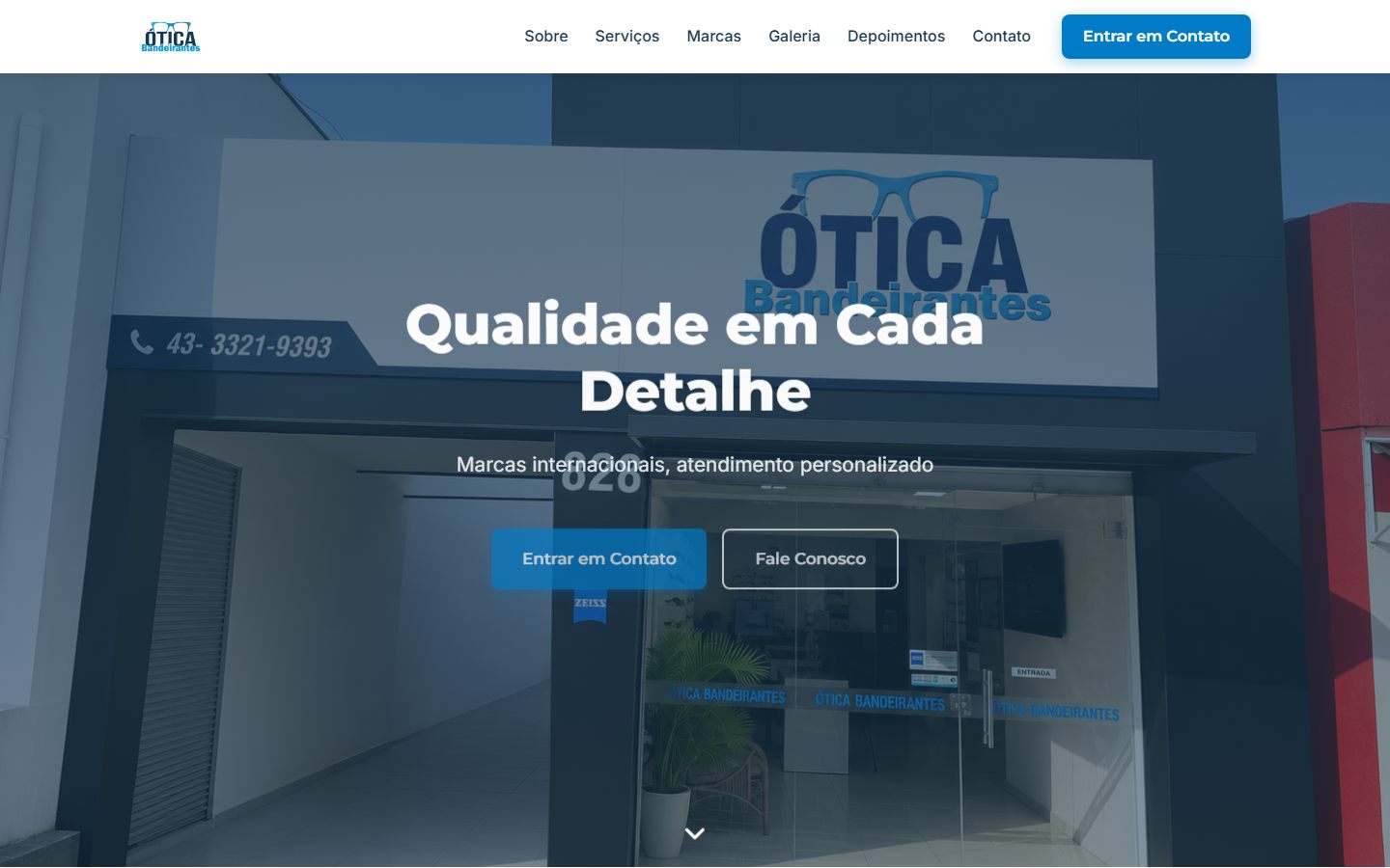 Página inicial do site Ótica Bandeirantes
