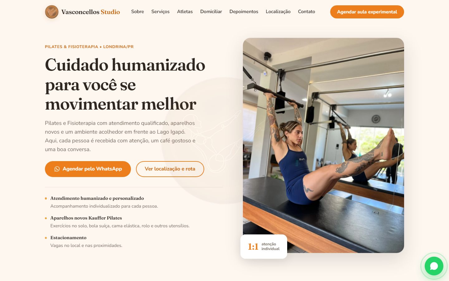 Página inicial do site Vasconcellos Studio, pilates e fisioterapia em Londrina